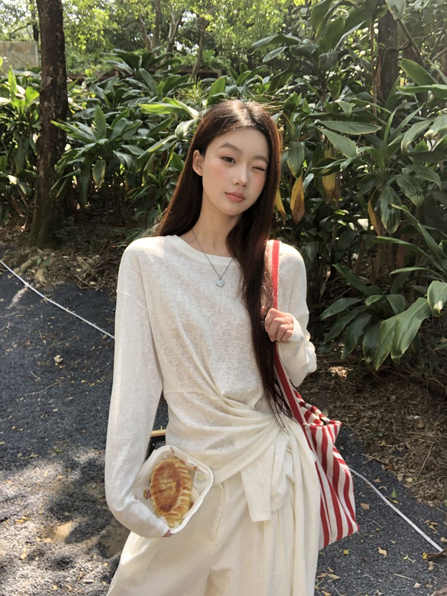 天絲長袖罩衫女打底衫白色內搭正肩韓系寬鬆高級小眾不撞款上衣