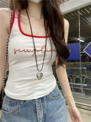 Real photo of sweet hot girl letter floral suspender vest for women in summer design, sleeveless outer wear contrasting color slim fit