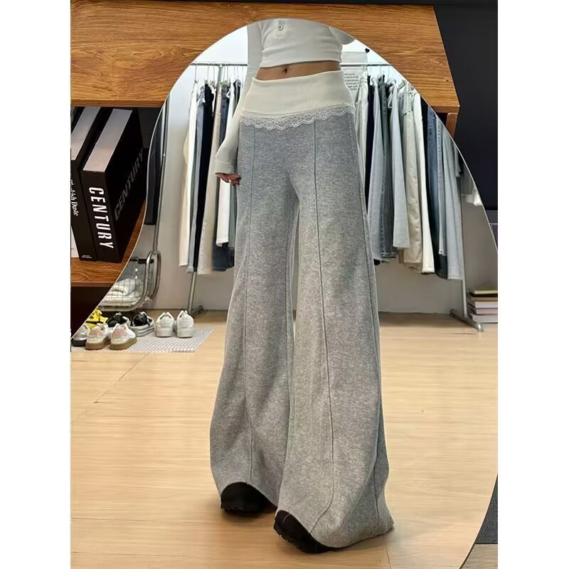 Knitted lace spliced ​​wide-leg pants for women in spring and autumn new versatile casual pants, loose drape floor trousers