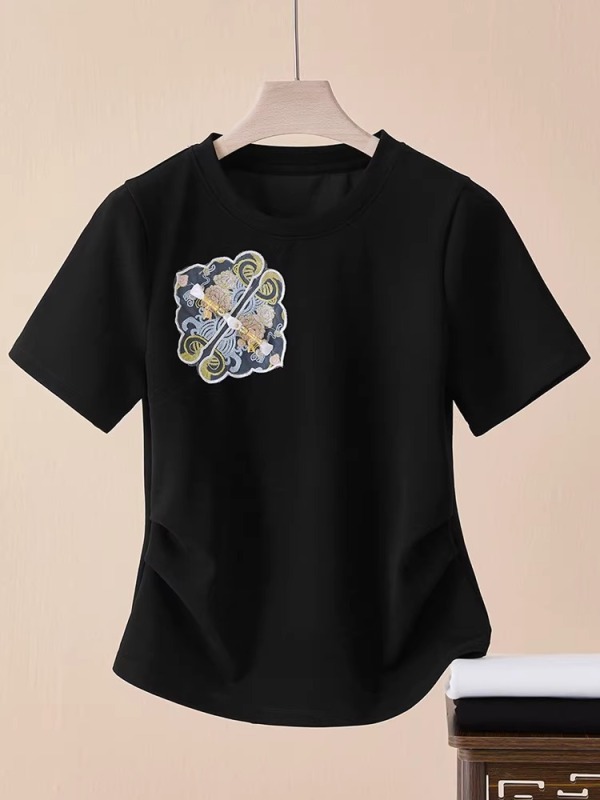 新中式刺繡盤扣圓領短袖T恤女褶皺收腰上衣2025夏季新款國風體恤