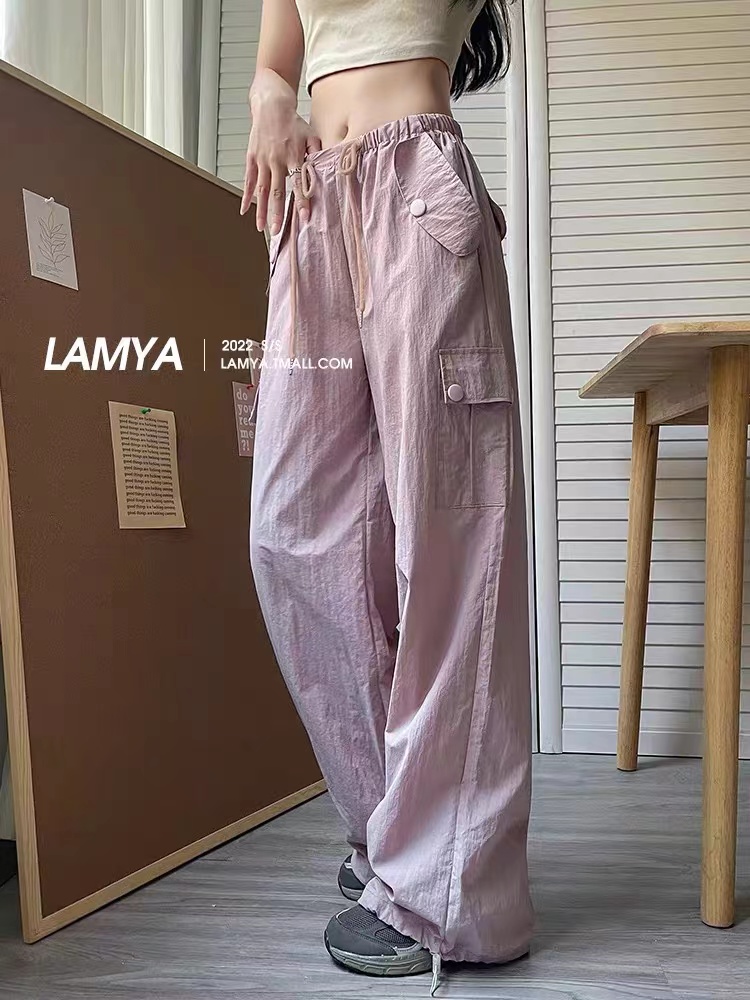 寬鬆薄款女夏休閒褲 bonnae設計感抽繩甜辣粉色工裝褲