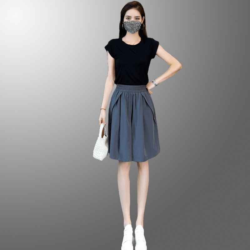 闊腿短褲女2025夏季薄款新款鬆緊高腰冰絲速干裙褲大碼休閒五分褲