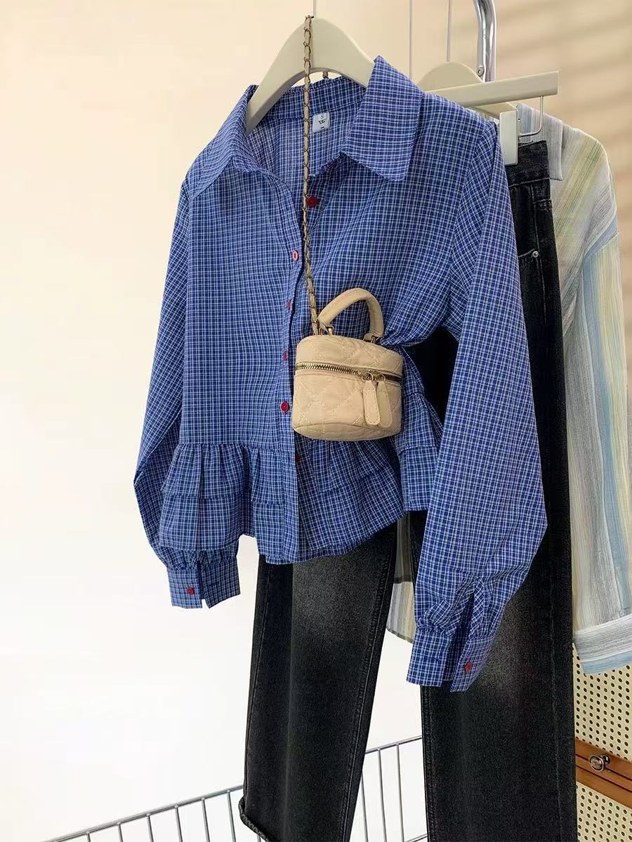 Blue plaid ruffle long sleeve shirt for women in spring 2025 new design small shirt short top
