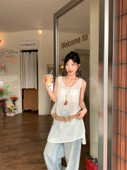 實拍 韓系早春漁網長馬甲中長款開叉鏤空針織背心