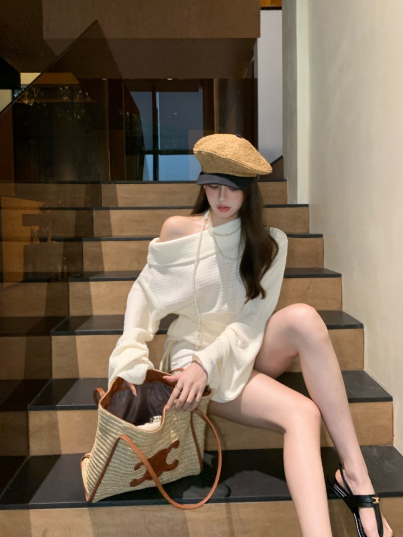 Real shot of asymmetrical oblique neck hollow white sweater summer design niche loose sun protection top