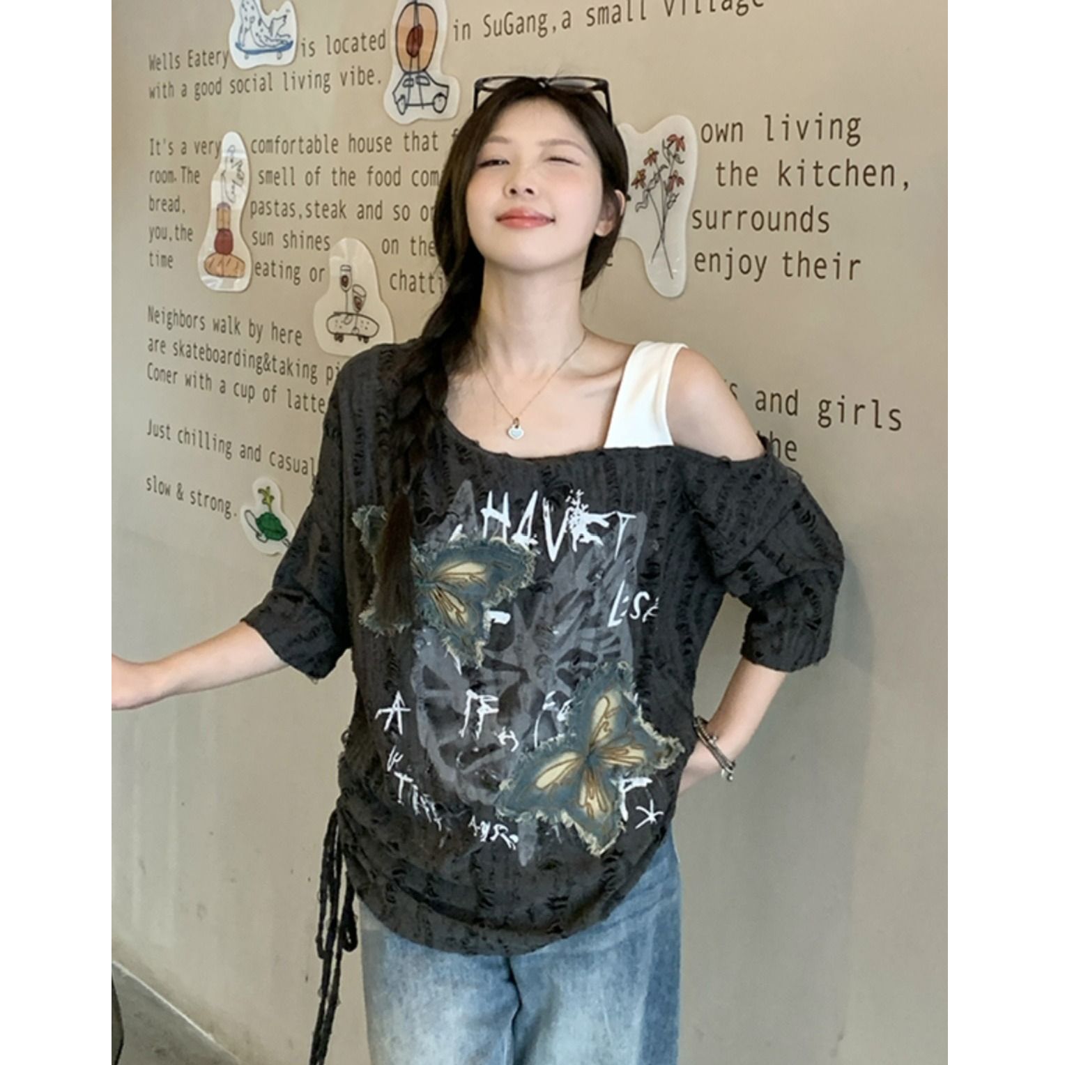 原版破洞布設計感顯瘦T恤女夏季歐美設計感寬鬆遮肚上衣潮