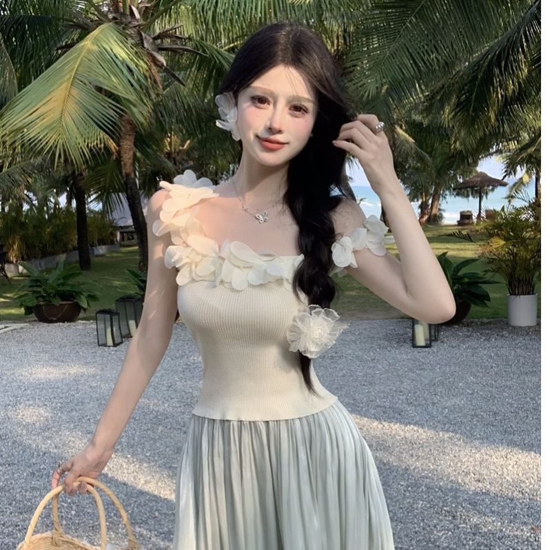 法式立體花朵吊帶小背心女夏季修身顯瘦甜美溫柔無袖短款上衣外穿