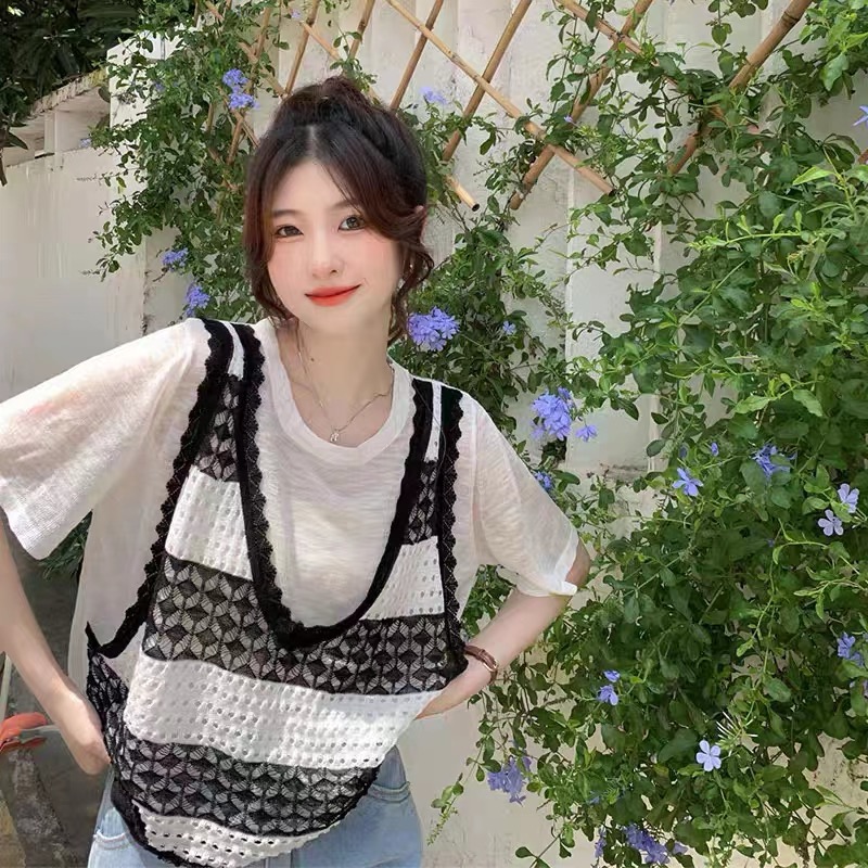 夏季新款時尚設計感百搭短袖休閒氣質條紋圓領T恤上衣女ins潮