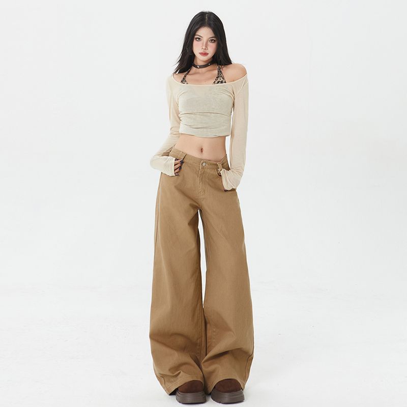 Real shot of 2025 spring loose wide-leg mid-waist floor jeans