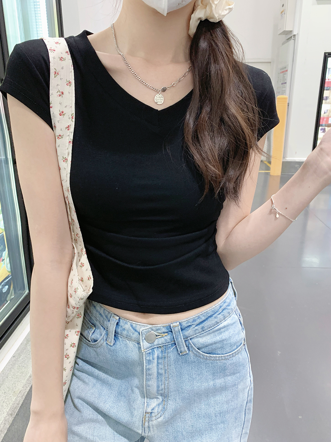 實拍40支210g精棉1×1夏季短袖V領修身T恤女美式甜辣短款上衣
