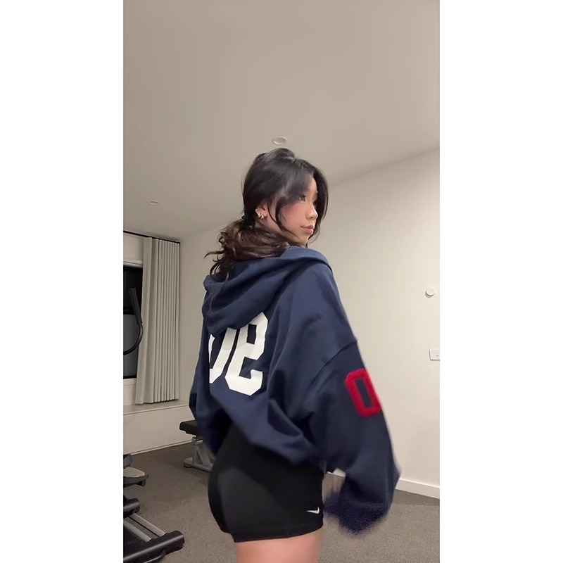 華棉複合牛奶絲美式復古刺繡開衫連帽衛衣女春秋寬鬆外套上衣
