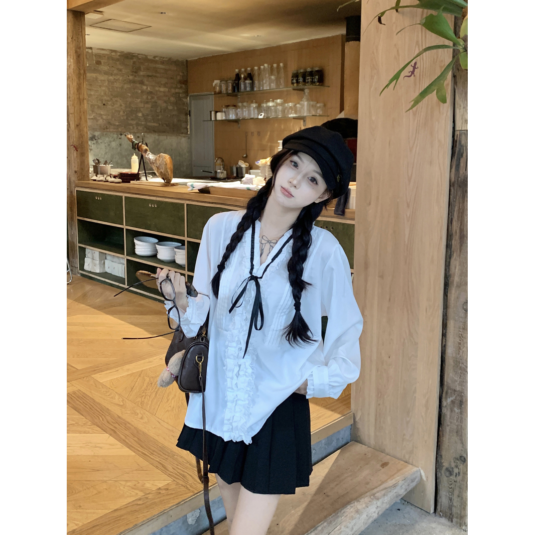 法式復古千金風v領系帶蝴蝶結襯衫女裝長袖內搭外穿白色甜美上衣