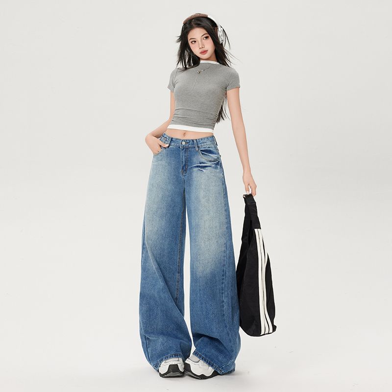 Real shot of 2025 spring Korean version of cracked wide-leg jeans loose retro straight floor trousers