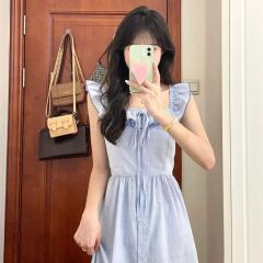 夏季藍色吊帶連衣裙溫柔風活潑奶甜減齡長裙小個子初戀甜美顯高