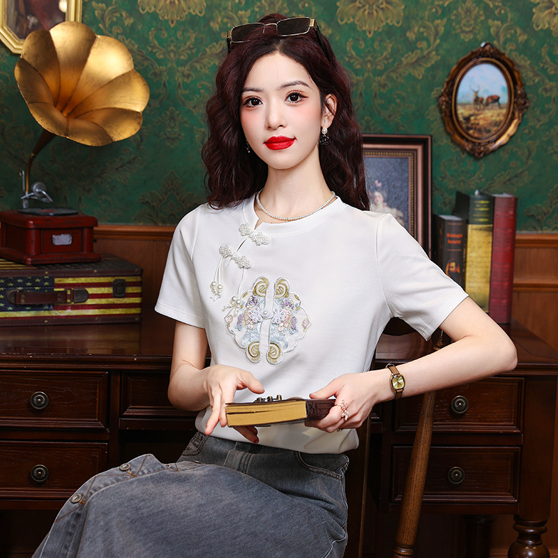 實拍新中式國風盤扣短袖t恤女2025新款夏季洋氣遮肉收腰黑色上衣