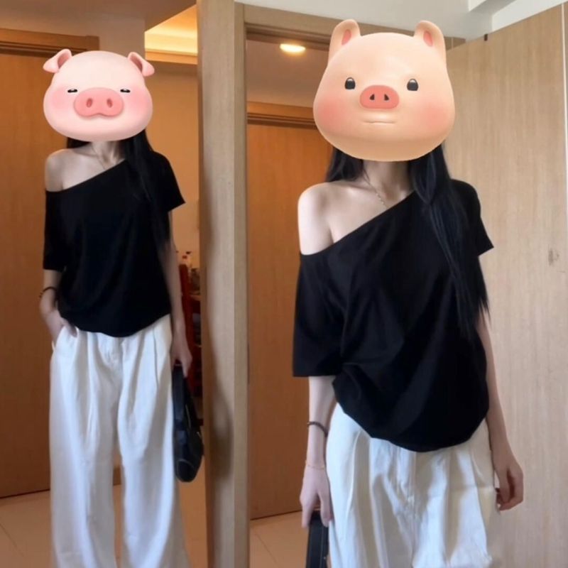 Pure cotton slanted shoulder short-sleeved women's off-shoulder T-shirt for summer two-wear pure hot girl loose black one-shoulder top