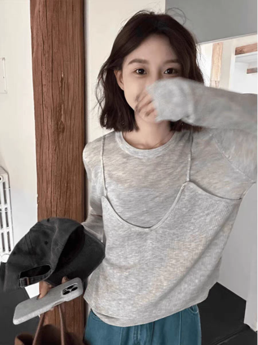 韓系灰色假兩件針織衫春秋款女2025早春穿搭慵懶風短款長袖上衣