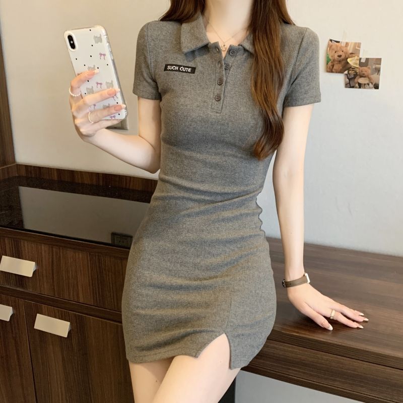 實拍  40支純棉210克92棉/8氨綸POLO領刺繡連衣裙女