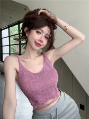 韓系亮閃v領針織雙U領露腰系帶吊帶ins百搭顯瘦背心夏季女