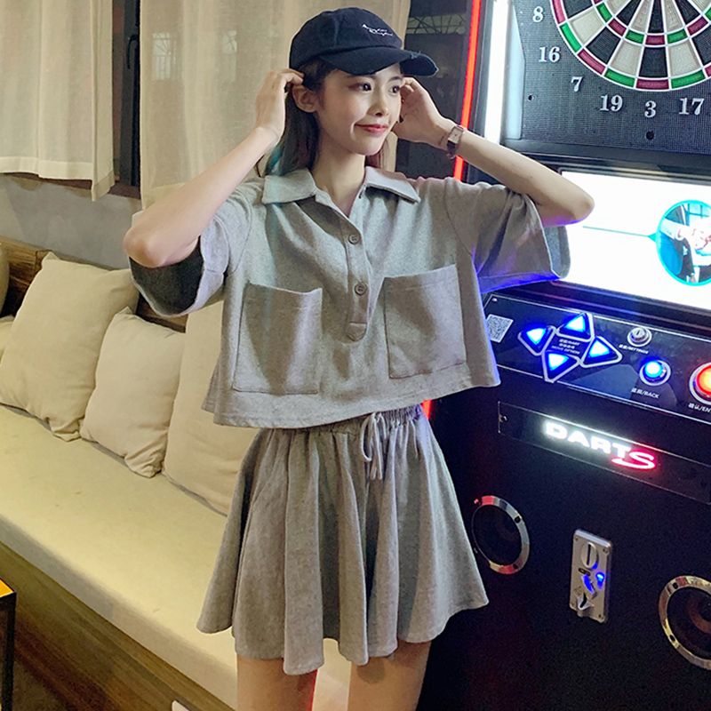 6535棉魚鱗運動套裝女夏季新款寬鬆洋氣Polo領衫短褲兩件套女