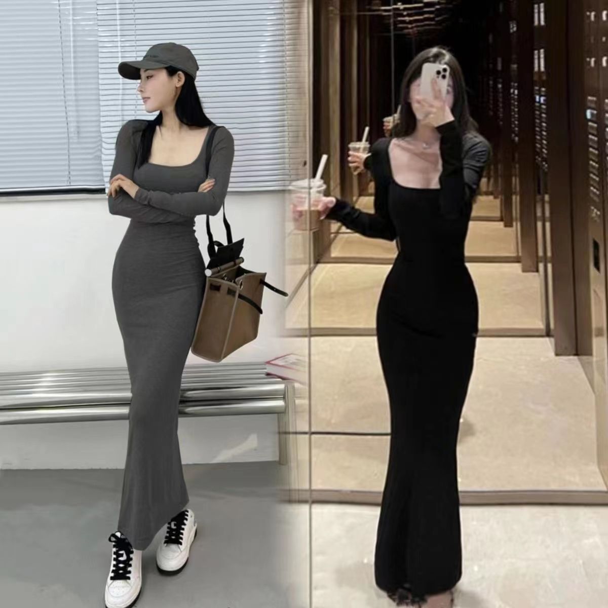 純欲風長袖連衣裙女秋季甜辣妹方領氣質緊身包臀打底長款魚尾裙子