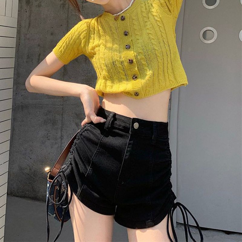 Commuting Korean drawstring straight denim shorts for women in spring and summer new casual high-slim high-waisted denim shorts trendy
