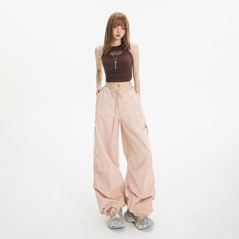 Real shot of 2025 spring loose wide-leg pants work pants thin drawstring ties casual pants for women