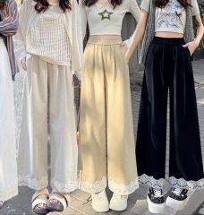 蕾絲拼接闊腿褲女2025春夏季新款高腰顯瘦垂感寬鬆九分休閒褲