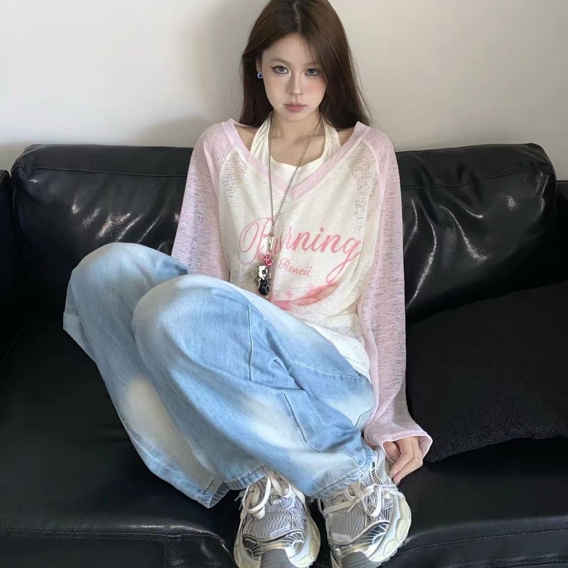 夏季新款甜美撞色蝴蝶印花掛脖長袖t恤罩衫女慵懶風防曬衫兩件套
