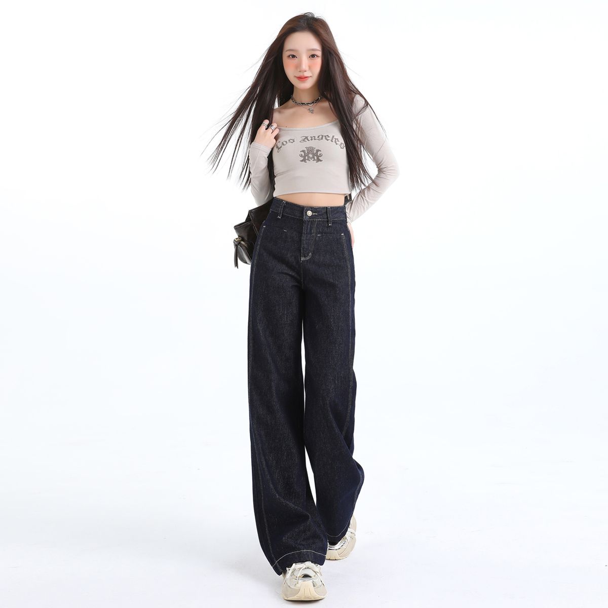 Real shot of 2025 spring fashion trend casual pants for women high waist drooping wide-leg pants