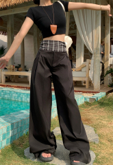 實拍 韓版設計感褶皺腰頭拼接格紋休閒闊腿褲女