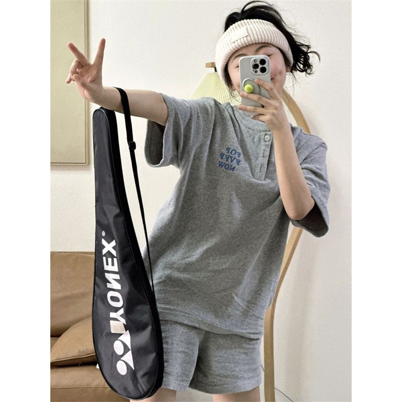 Summer casual sportswear suit female student loose slim short sleeve shorts embroidered gray two-piece set running trend