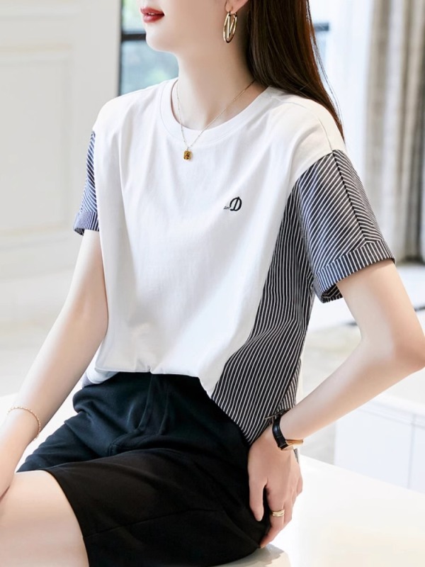 白色純棉短袖T恤女條紋拼接設計感小眾2025夏季新款半袖寬鬆上衣