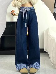 蝴蝶結綁帶格子拼接直筒牛仔褲女早春復古設計感高腰寬鬆闊腿褲子