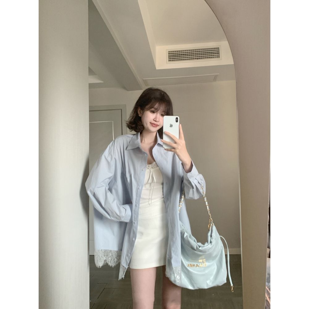 冰島慕斯寬鬆蕾絲襯衫女韓系設計感小眾休閒百搭氣質上衣襯衣