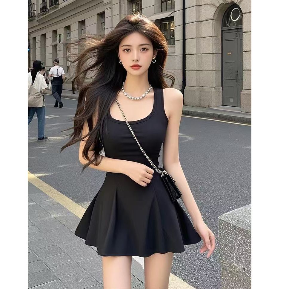 純棉輕奢純欲性感方領無袖高級感收腰黑色背心女夏季新款連衣裙潮