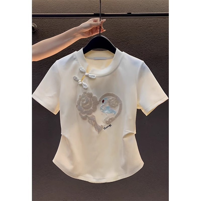 白色愛心刺繡短袖t恤女夏季2025新款新中式國風設計感正肩修身潮