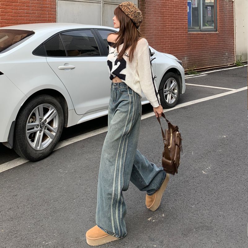 Real shot of 2025 spring American retro old high street side stripes loose floor wide-leg pants jeans