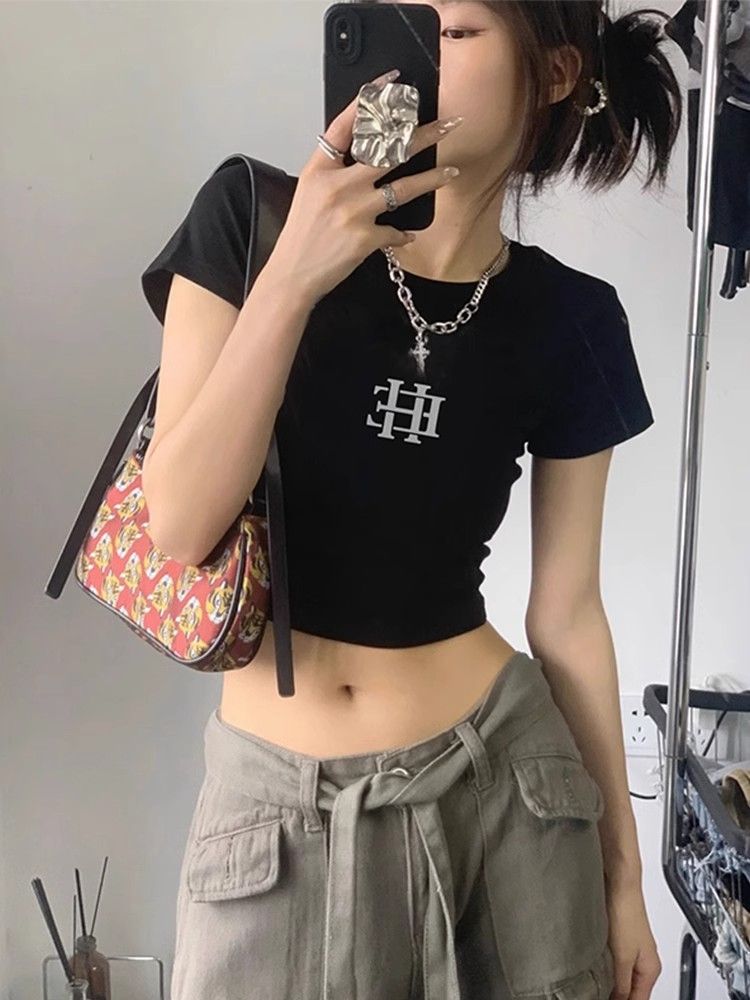 1*1純棉 高彈力新款夏季短袖短款搭配高腰褲修身顯瘦洋氣上衣