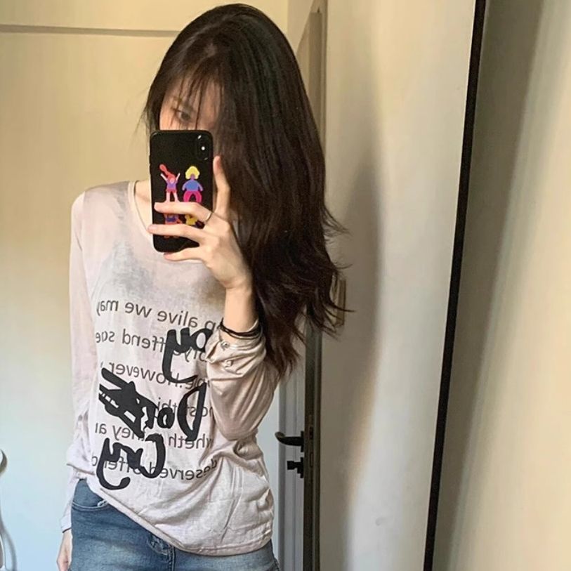設計感小眾慵懶風字母印花防曬T恤女夏薄款罩衫寬鬆上衣