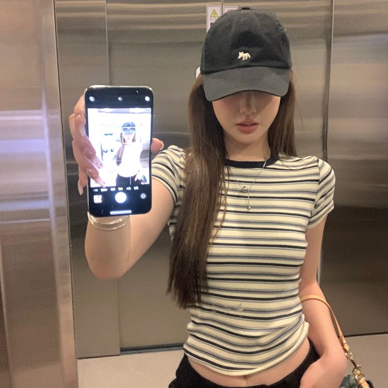 Real shot of pure cotton striped short-sleeved T-shirt in summer 2025 trendy American striped design round neck top Korean women's clothing