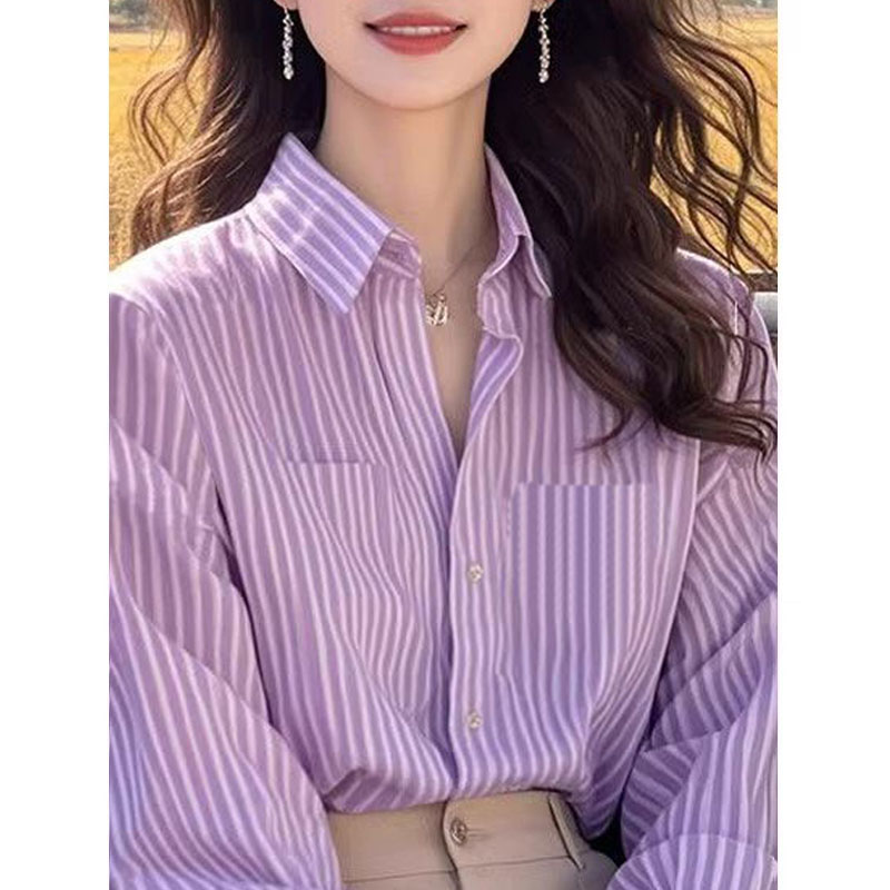 French design is super beautiful purple striped long-sleeved shirt loose and lazy style spring and autumn women's new style 2025