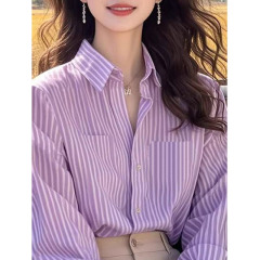 French design is super beautiful purple striped long-sleeved shirt loose and lazy style spring and autumn women's new style 2025