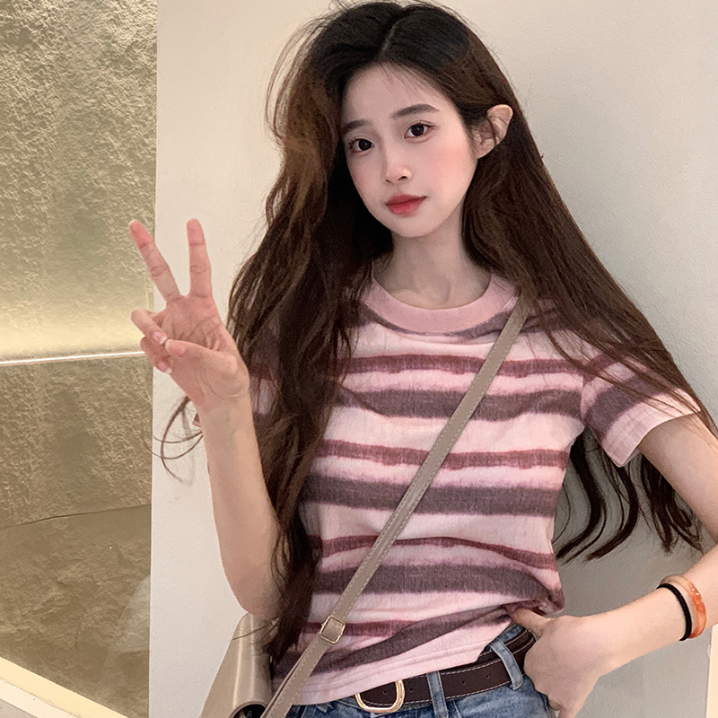 Real shot 220g original fabric striped short-sleeved T-shirt summer 2025 trendy shoulder slim short round neck top for women