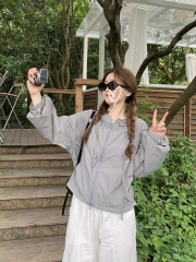 Real-life spring drawstring jacket work jacket for women casual loose thin outdoor sun protection jacket hooded top trendy