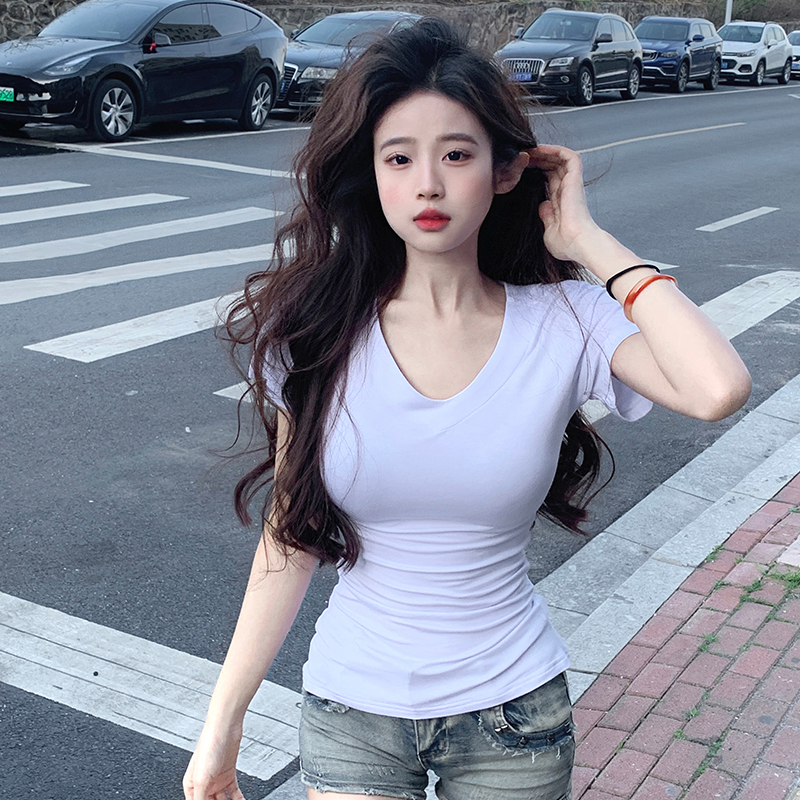 Real shot of 1*1 cotton 260g short-sleeved T-shirt 2025 summer slim trendy short shoulder V-neck solid color Korean top