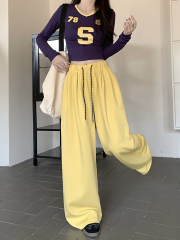 Real photo of lazy style gray casual pants for spring hoodies for women high waist straight trousers wide-leg pants long trousers draped floor pants