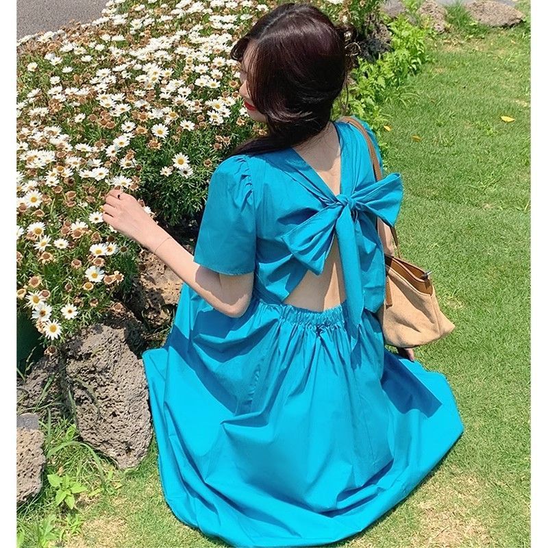 New French style Korean mid-length dress for summer 2025 back temperament hollow bow pure desire skirt for women