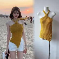 Pure sexy hot girl off-shoulder halter neck vest for women in summer new slim fit versatile irregular short top