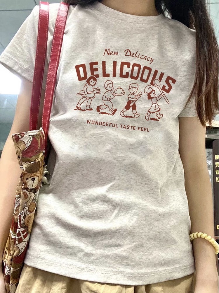 Pure cotton 40 combed tight 210g with elastic live quality front printed slim short-sleeved T-shirt for women